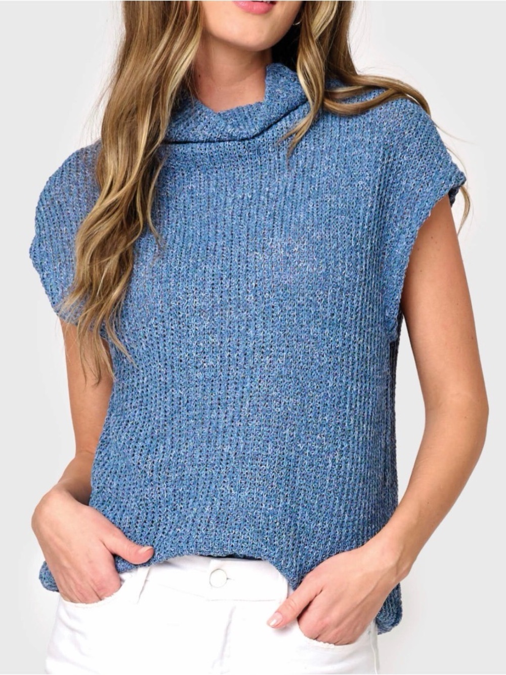 Gibsonlook Sleeveless Mock Neck Cap Sleeves Size Small Knit Sweater Vest - Blue